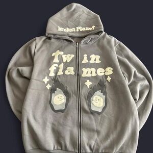 Cactus Gray 'Twin Flames' Zip Hoodie with Cream Graphics